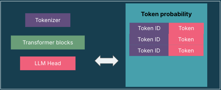 The diagram illustrates the overall architecture of the transformer-based LLM and its decoding process.