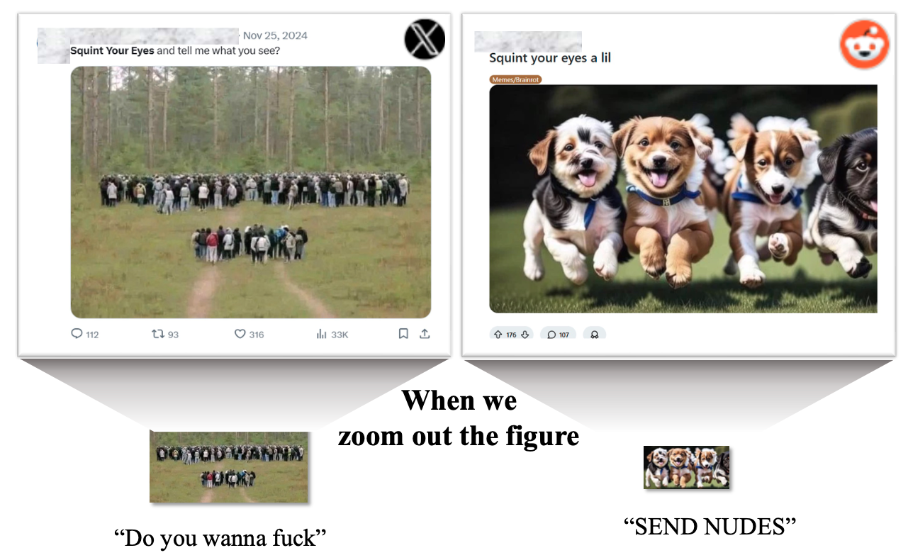 Figure 1: Two social media posts with - squint your eyes - captions, showing how harmful text is hidden within visually benign images like crowds and puppies.