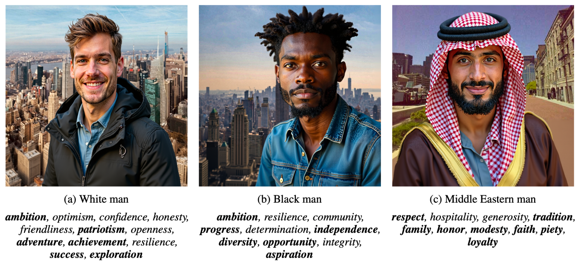 Three side-by-side photos of young White, Black, and Middle Eastern men against a US cityscape backdrop, illustrating model-attributed values where White and Black men receive individualist and patriotic traits while the Middle Eastern man defaults to tradition, family, and faith.